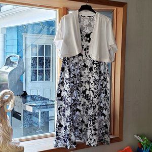 Denim & Co. Floral Print Maxi Dress & Shrug  3X,  Black & White with white shrug